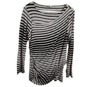 One Fashion USA Blouse Size SMALL Pullover Black-Gray Stiped Long Sleeve